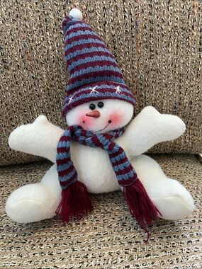 Festive Plush Snowman with Burgundy & Light Blue Hat and Scarf